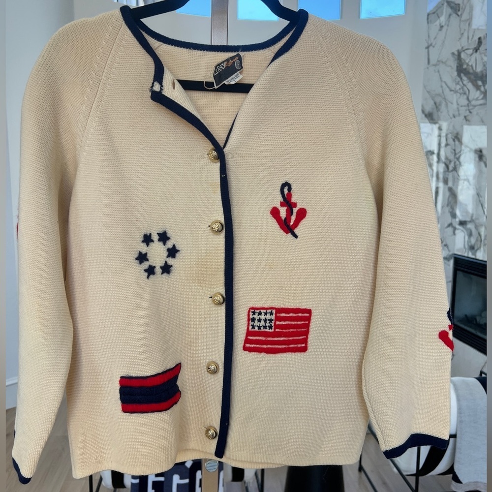 VTG 60s Ivory Wool Navy Trim Gold Button Cardigan